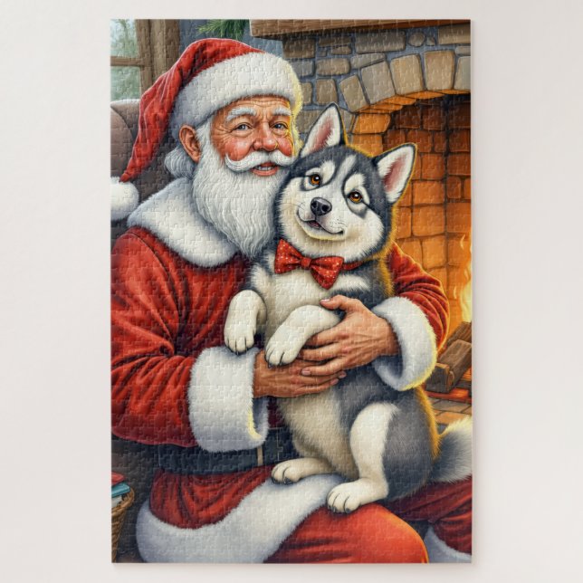Santa Claus Holding Alaskan Malamute Christmas Art Jigsaw Puzzle (Vertical)