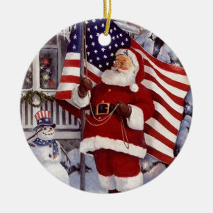 Santa Claus Holding American Flag Ceramic Ornament