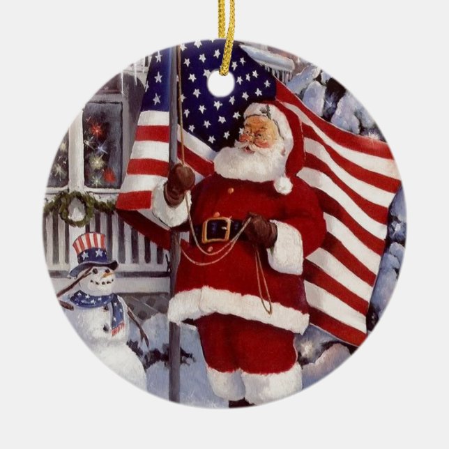 Santa Claus Holding American Flag Ceramic Ornament (Front)