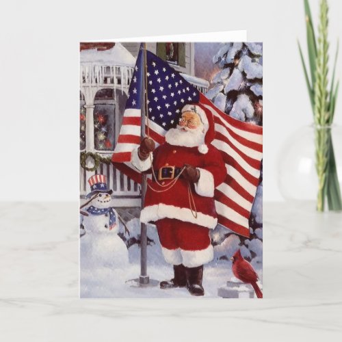 Santa Claus Holding American Flag Holiday Card
