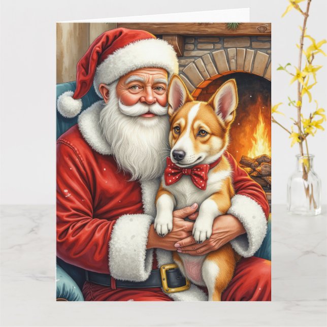 Santa Claus Holding Australian Cattle Christmas Card (Yellow Flower)