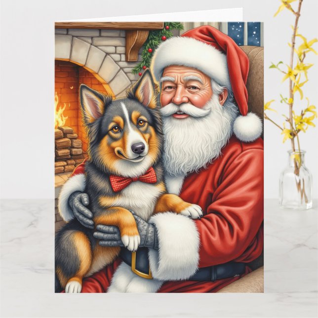 Santa Claus Holding Australian Shepherd Christmas  Card (Yellow Flower)