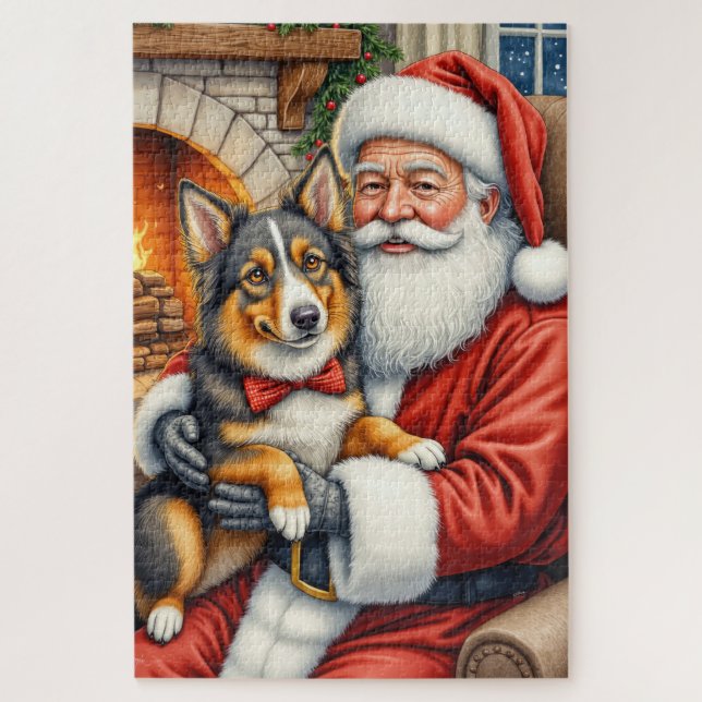 Santa Claus Holding Australian Shepherd Christmas  Jigsaw Puzzle (Vertical)