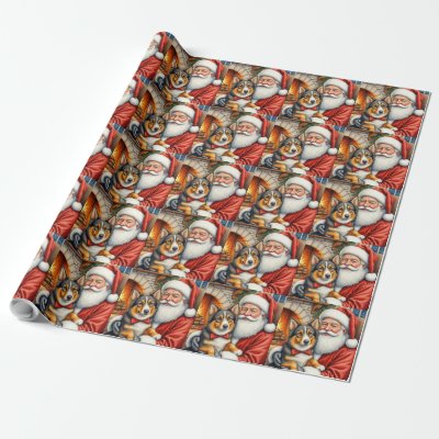 Santa Claus Holding Australian Shepherd Christmas  Wrapping Paper