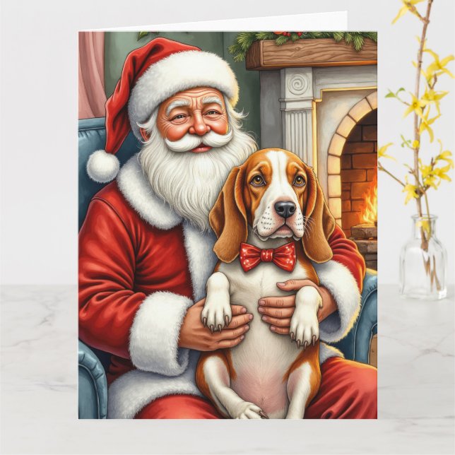 Santa Claus Holding Basset Hound Christmas Art Card (Yellow Flower)