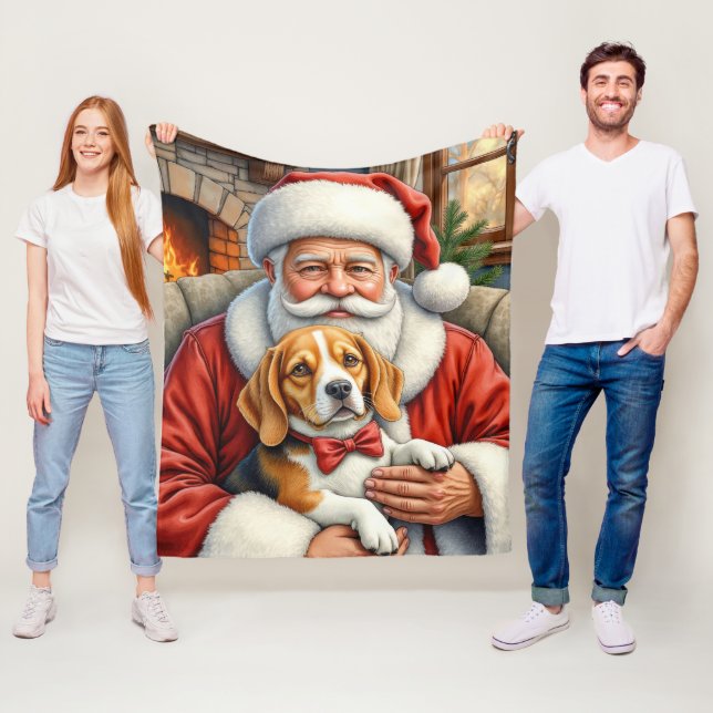 Santa Claus Holding Beagle Christmas Art Fleece Blanket (In Situ)