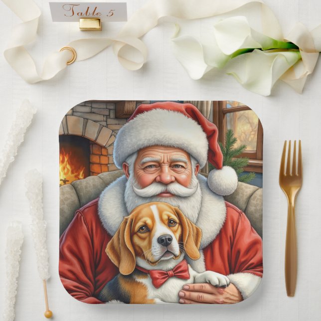 Santa Claus Holding Beagle Christmas Art Paper Plates (Wedding)