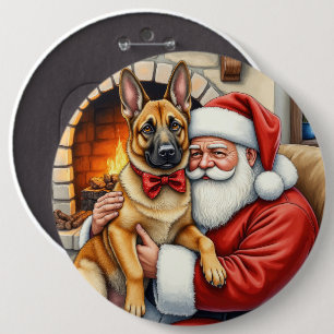 Santa Claus Holding Belgian Malinois Christmas Art Button