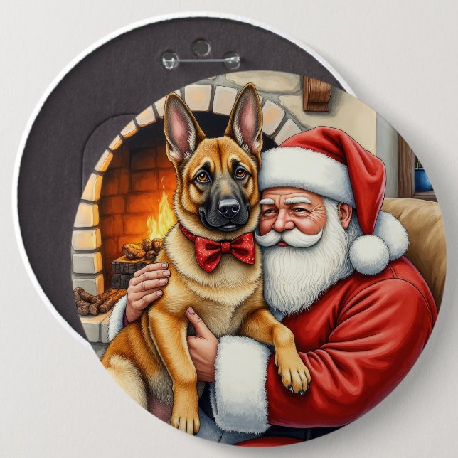 Santa Claus Holding Belgian Malinois Christmas Art Button (Front & Back)