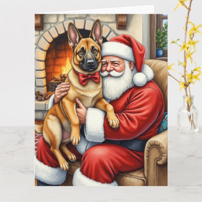 Santa Claus Holding Belgian Malinois Christmas Art Card (Yellow Flower)