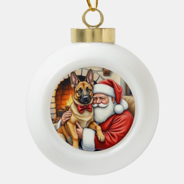 Santa Claus Holding Belgian Malinois Christmas Art Ceramic Ball Christmas Ornament (Front)