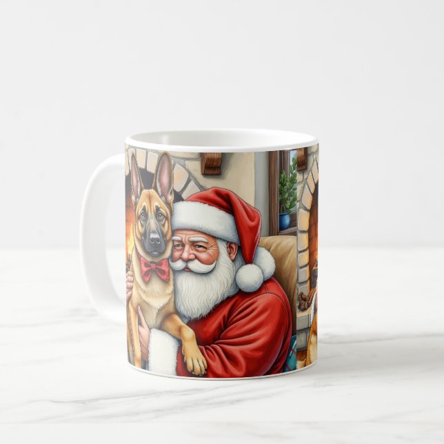 Santa Claus Holding Belgian Malinois Christmas Art Coffee Mug (Front Left)