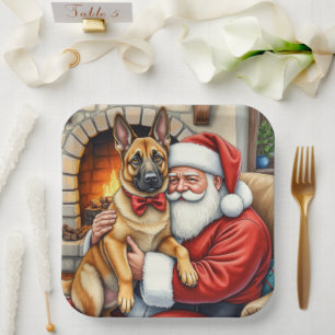 Santa Claus Holding Belgian Malinois Christmas Art Paper Plates
