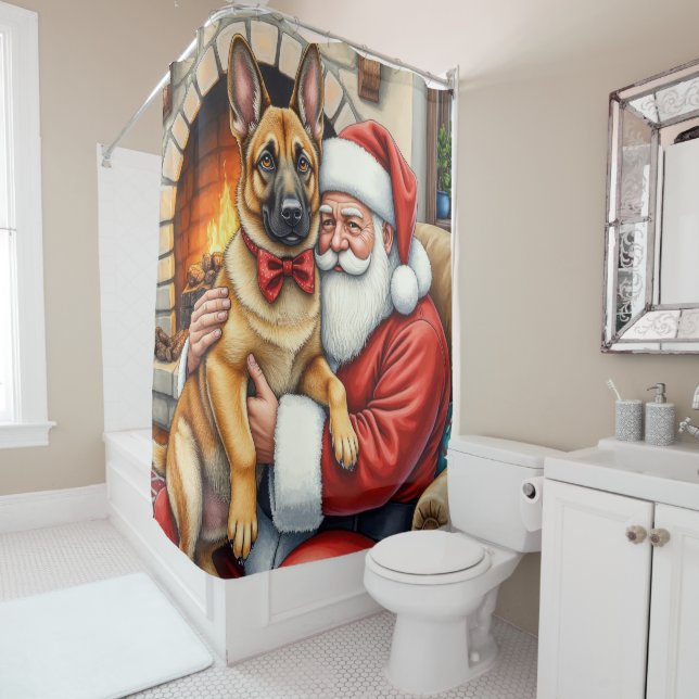 Santa Claus Holding Belgian Malinois Christmas Art Shower Curtain (In Situ)