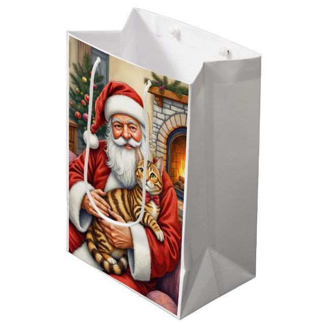 Santa Claus Holding Bengal Cat Christmas Art Medium Gift Bag (Front Angled)