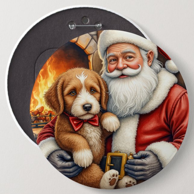 Santa Claus Holding Bernedoodle Christmas Art Button (Front & Back)