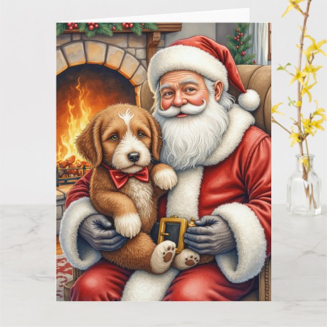 Santa Claus Holding Bernedoodle Christmas Art Card (Yellow Flower)
