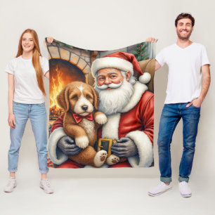 Santa Claus Holding Bernedoodle Christmas Art Fleece Blanket