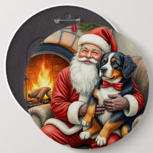 Santa Claus Holding Bernese Mountain Dog Christmas Button