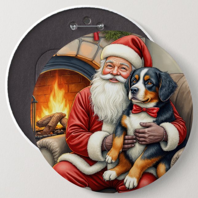 Santa Claus Holding Bernese Mountain Dog Christmas Button (Front & Back)