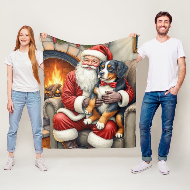 Santa Claus Holding Bernese Mountain Dog Christmas Fleece Blanket (In Situ)