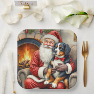 Santa Claus Holding Bernese Mountain Dog Christmas Paper Plates