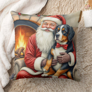 Santa Claus Holding Bernese Mountain Dog Christmas Throw Pillow