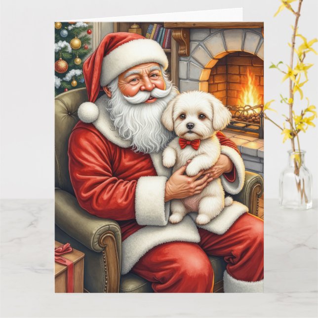 Santa Claus Holding Bichon Frise Christmas Art Card (Yellow Flower)
