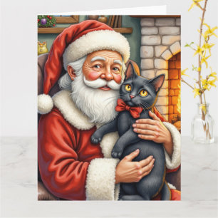 Santa Claus Holding Black Cat Christmas Art Card