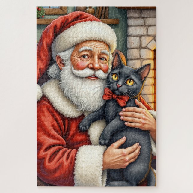 Santa Claus Holding Black Cat Christmas Art Jigsaw Puzzle (Vertical)