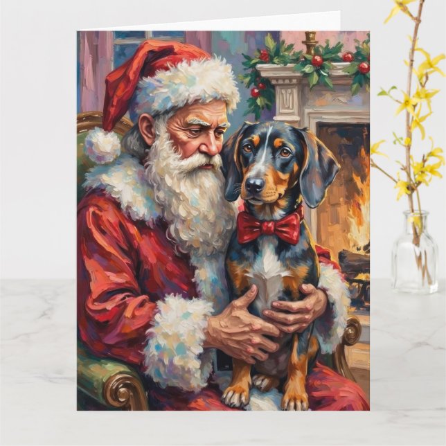 Santa Claus Holding Bluetick Coonhound Christmas  Card (Yellow Flower)