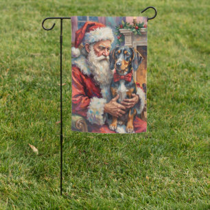 Santa Claus Holding Bluetick Coonhound Christmas Garden Flag