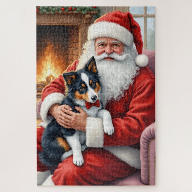 Santa Claus Holding Border Collie Christmas Art Jigsaw Puzzle (Vertical)