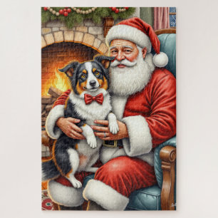 Santa Claus Holding Border Collie Christmas Art Jigsaw Puzzle