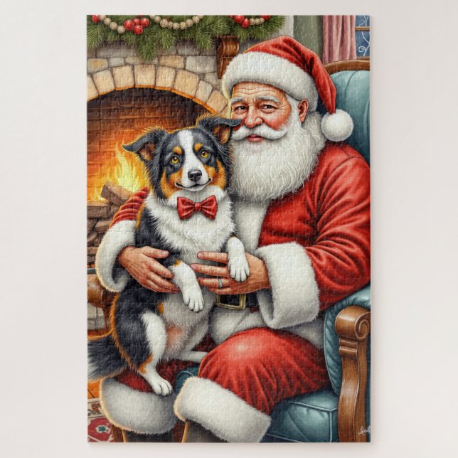 Santa Claus Holding Border Collie Christmas Art Jigsaw Puzzle (Vertical)