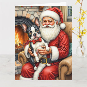 Santa Claus Holding Boston Terrier Christmas Art Card