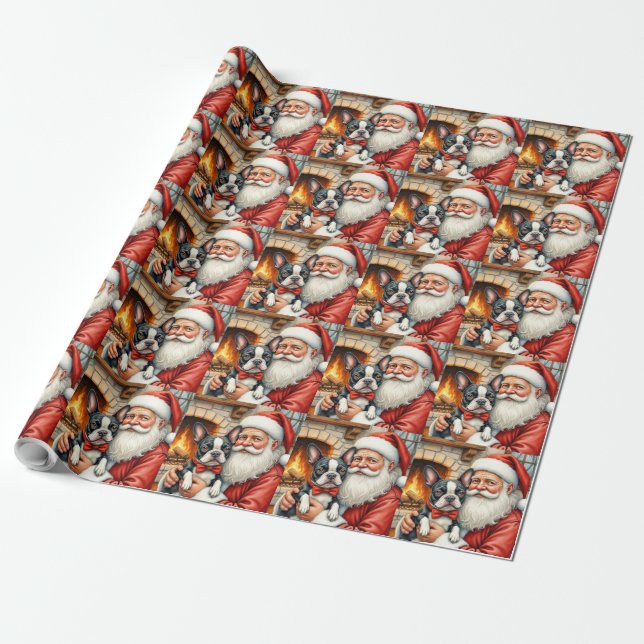 Santa Claus Holding Boston Terrier Christmas Art Wrapping Paper (Unrolled)