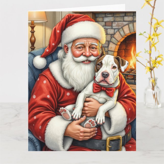 Santa Claus Holding Bull Terrier Christmas Art Card (Yellow Flower)