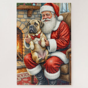 Santa Claus Holding Bullmastiff Christmas Art Jigsaw Puzzle