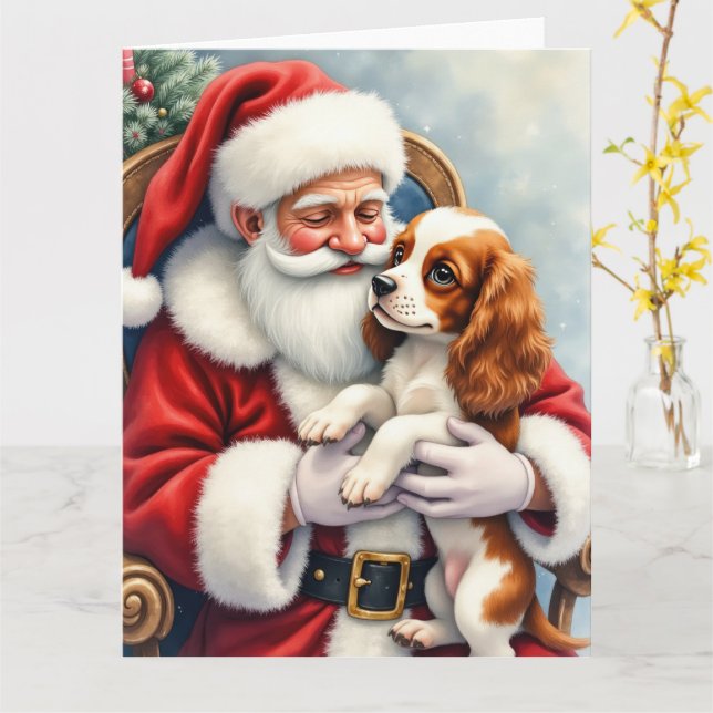 Santa Claus Holding Cavalier King Charles Spaniel  Card (Yellow Flower)