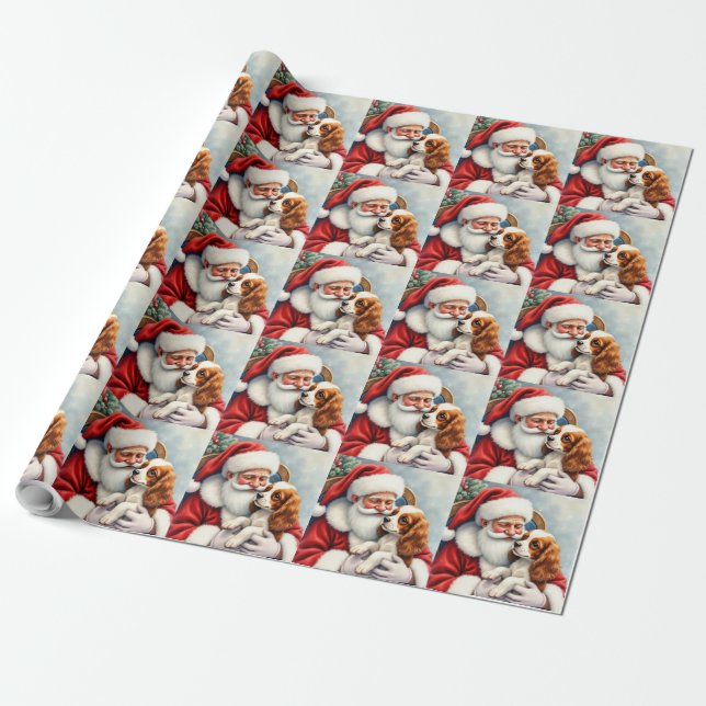 Santa Claus Holding Cavalier King Charles Spaniel  Wrapping Paper (Unrolled)