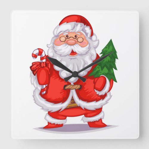 Santa Claus Holding Christmas Tree Square Wall Clock