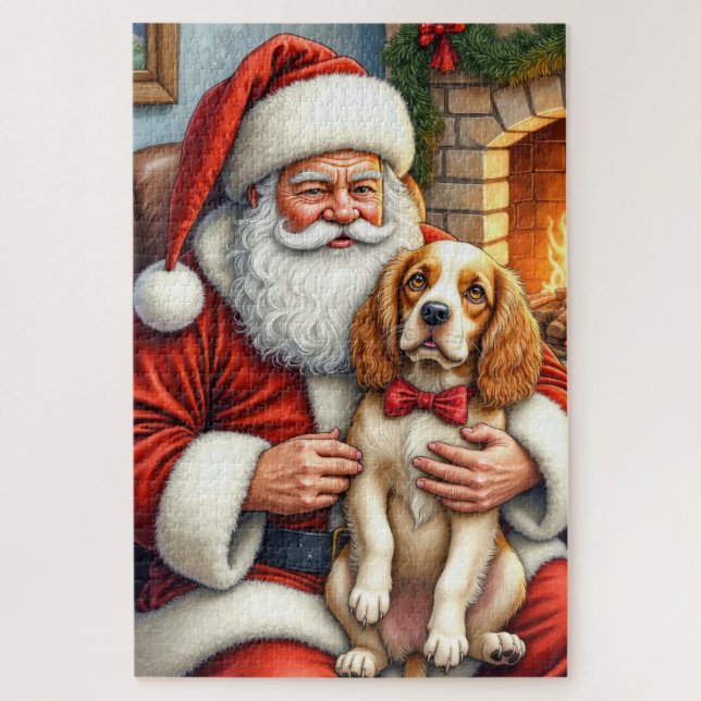 Santa Claus Holding Cocker Spaniel Christmas Art Jigsaw Puzzle (Vertical)