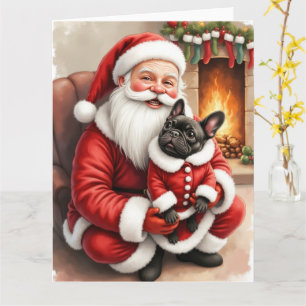 Santa Claus Holding French Bulldog Christmas Art Card