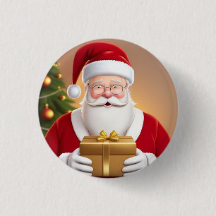 Santa Claus Holding Gift Box by the Christmas Tree Button