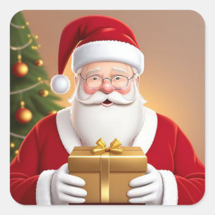 Santa Claus Holding Gift Box by the Christmas Tree Square Sticker