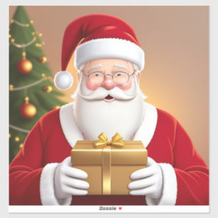 Santa Claus Holding Gift Box by the Christmas Tree Sticker