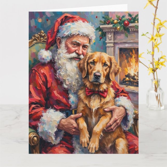 Santa Claus Holding Golden Retriever Christmas Art Card (Yellow Flower)