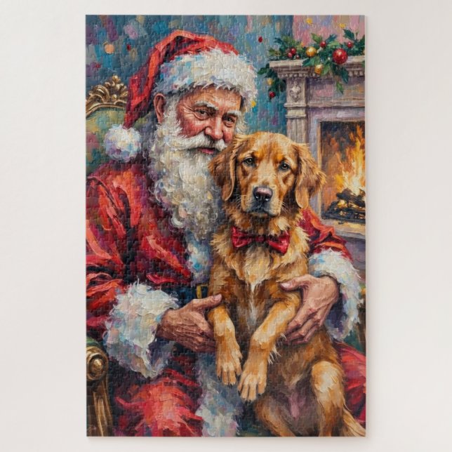 Santa Claus Holding Golden Retriever Christmas Art Jigsaw Puzzle (Vertical)
