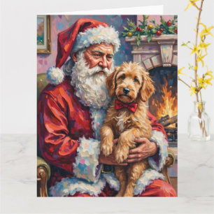 Santa Claus Holding Goldendoodle Christmas Art Card
